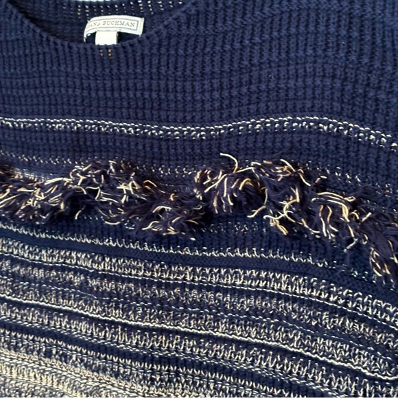 Dana Buchman Fringe Sweater Navy Blue and Tan Size L - Picture 2 of 5